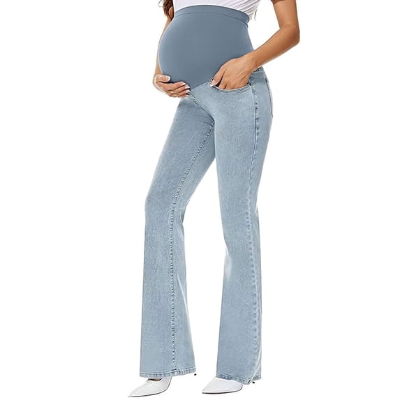 Deago Women's Stretch Maternity Bootcut Jeans with Pockets Over The Belly Bell Bottoms Flare Denim Pants Pregnancy Clothes (Light Blue, S)
