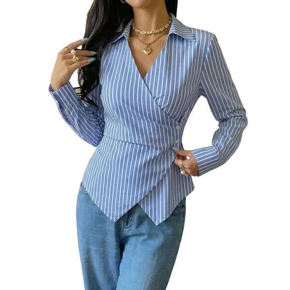 Deago Women's Striped Button Down Shirts Long Sleeve Collared Slim Fit Dress Shirt Ruched Wrap Asymmetrical Office Work Blouse Tops (Blue, S)
