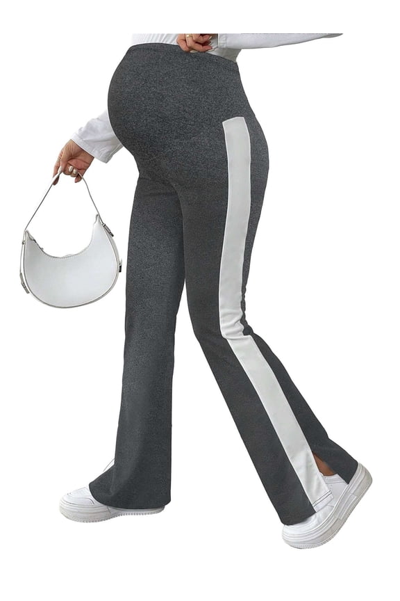 Women's Striped Maternity Flare Leggings Over The Belly Casual Soft Split Hem Pregnancy Yoga Pants (Gray, XL)