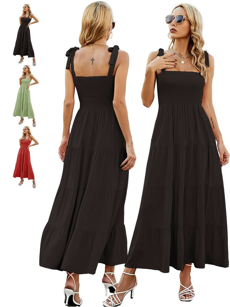 Deago Women's Summer Boho Spaghetti Strap Square Neck Ruffle Casual Flowy Long Beach Sun Dress Swing Party Maxi Dress (Black, L) - Walmart.com Deago Women's Summer Boho Spaghetti Strap Square Neck Ruffle Casual Flowy Long Beach Sun Dress Swing Party Maxi Dress (Black, L) - Walmart.com