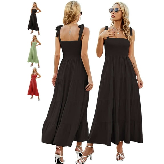 Deago Women's Summer Boho Spaghetti Strap Square Neck Ruffle Casual Flowy Long Beach Sun Dress Swing Party Maxi Dress (Black, M)