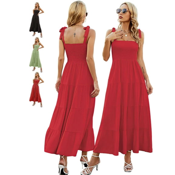 Deago Women's Summer Boho Spaghetti Strap Square Neck Ruffle Casual Flowy Long Beach Sun Dress Swing Party Maxi Dress (Red, M)