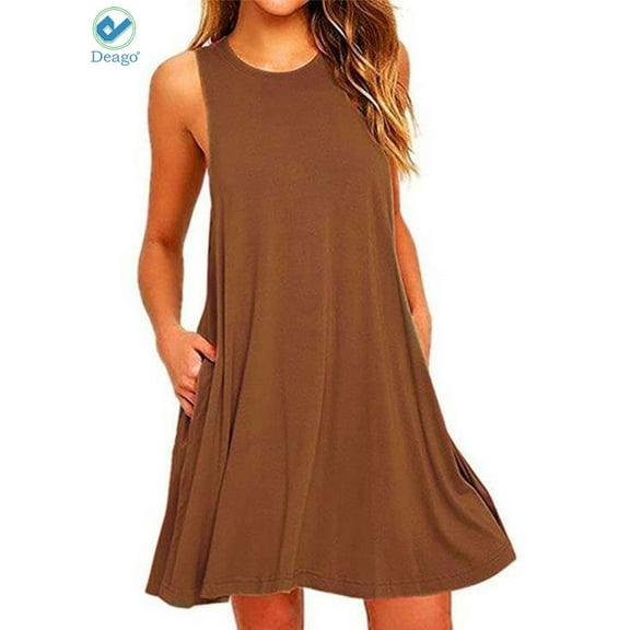 Deago Women's Summer Cotton Sleeveless Beach Dress Casual Swing T-Shirt Pocket Loose Dresses Plus Size (Brown, S)