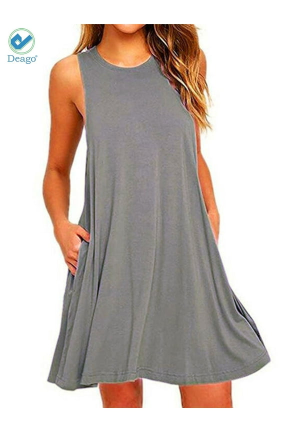 Women's Summer Cotton Sleeveless Beach Dress Casual Swing T-Shirt Pocket Loose Dresses Plus Size (Gray, M)