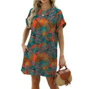 Deago Womens Summer Dresses Beach Boho Casual Loose T-Shirt Dress Floral Short Sleeve Flowy Sundress with Pockets