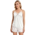 thumbnail image 1 of Deago Women's Summer Satin Lace Cami Tops Spaghetti Strap V Neck Backless Camisole Party Pajamas Asymmetrical Hem Tank Tops (White, M), 1 of 9