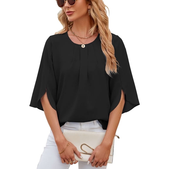 Deago Women's Summer Tops Dressy Casual Scoop Neck Loose 3/4 Sleeve Chiffon Blouse Shirt Tops (Black, 2XL)