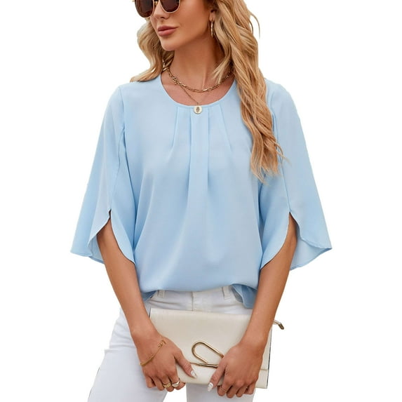 Deago Women's Summer Tops Dressy Casual Scoop Neck Loose 3/4 Sleeve Chiffon Blouse Shirt Tops (Blue, XL)