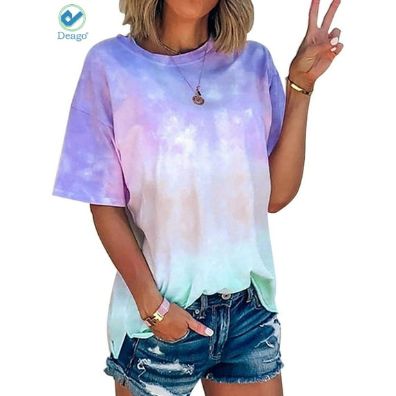 Deago Women's Tie Dye Blouse Summer Short Sleeve Round Neck Tops Shirts Loose Casual Tunic T-Shirt (Blue, 2XL)