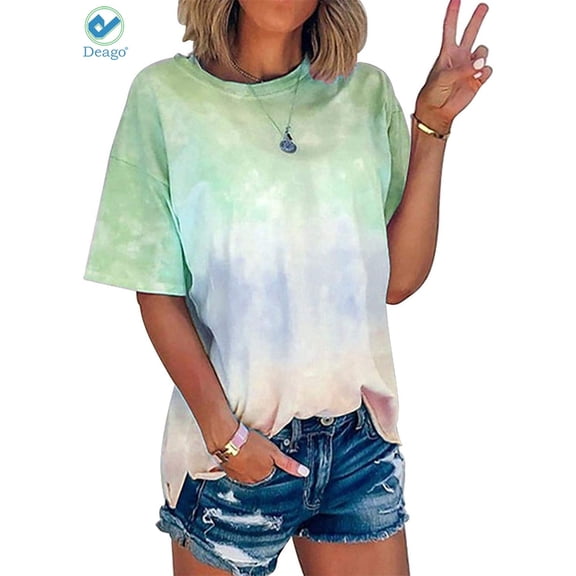 Deago Women's Tie Dye Blouse Summer Short Sleeve Round Neck Tops Shirts Loose Casual Tunic T-Shirt (Green, 2XL)