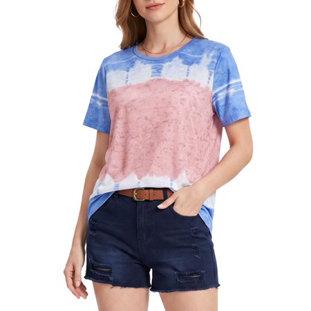 Deago Women's Tie Dye Print T-Shirt Short Sleeve Casual Loose Round Neck Tunic Tops Blouses Plus Size (Blue, 3XL)