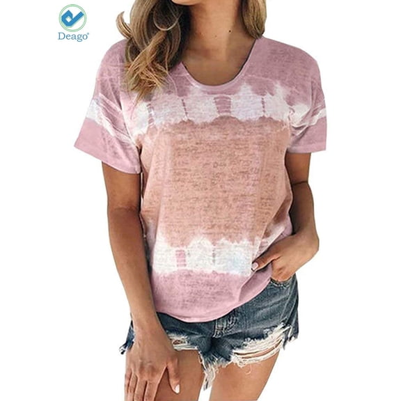 Deago Women's Tie Dye Print T-Shirt Short Sleeve Casual Loose Round Neck Tunic Tops Blouses Plus Size (Pink, L)