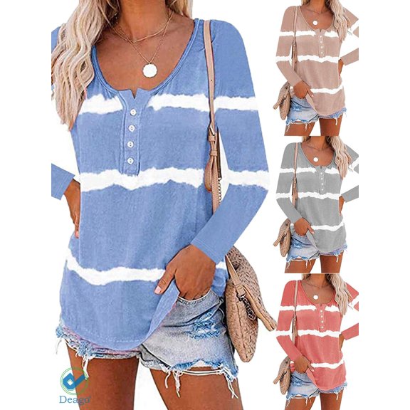 Deago Women's Tie Dye Print V-Neck Button Causal Long Sleeve Tops Henley Blouse Loose T Shirt (Blue, S)