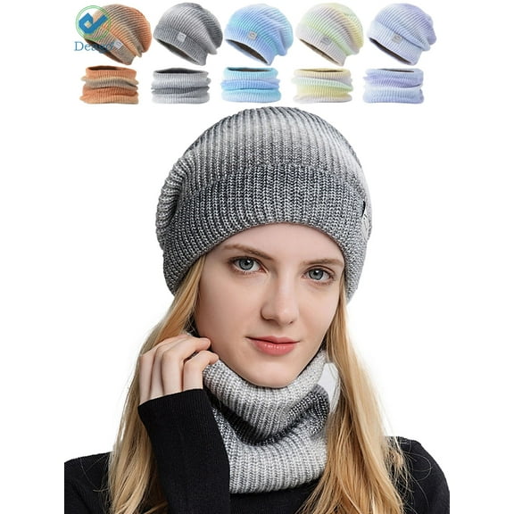 Deago Women's Tie Dye Winter Beanie Hat Scarf Set Warm Knit Hat Thick Fleece Lined Skull Caps Neck Warmer (Gray)