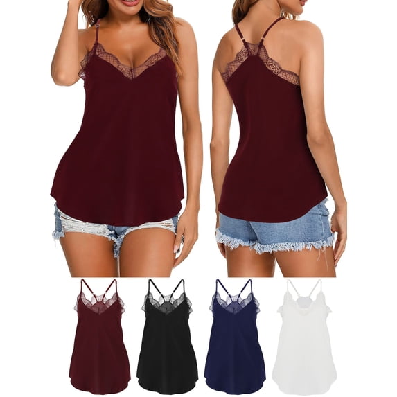 Deago Women's V Neck Sleeveless Lace Trim Spaghetti Strap Camisole Cami Tank Top Loose Blouse Shirts (Black, M)