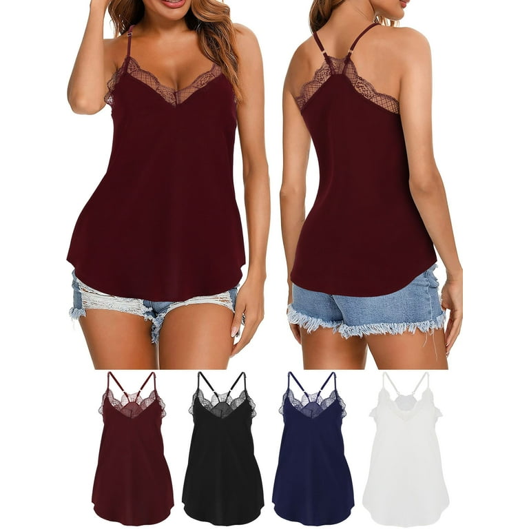 Deago Women's V Neck Sleeveless Lace Trim Spaghetti Strap Camisole Cami  Tank Top Loose Blouse Shirts (Wine Red, 2XL)
