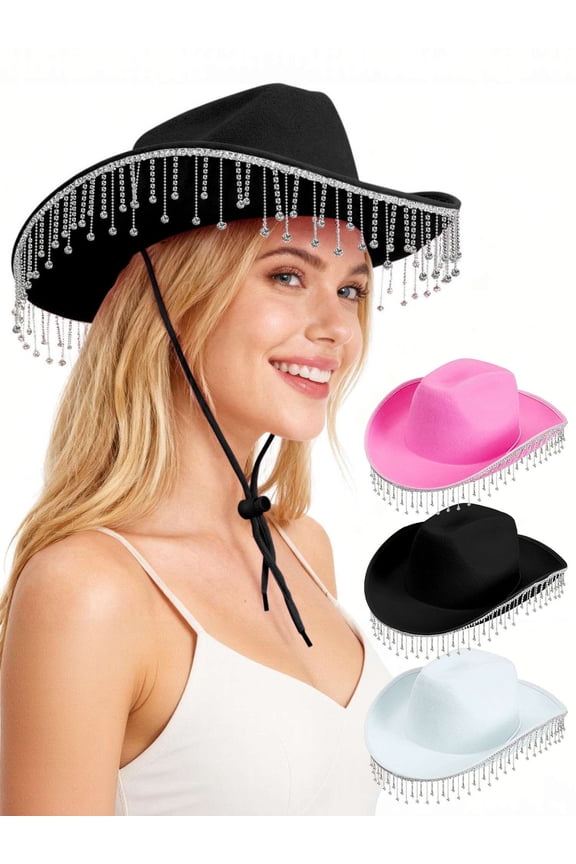 Women's Western Rhinestone Cowboy Hat Bridal Cowgirl Hats for Bachelorette Party Halloween Costume (Black)