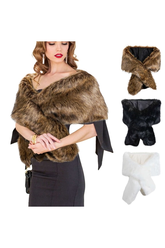 Women's Winter Faux Fur Collar Shawl Scarf Wrap Cape for Wedding Evening Party (White)