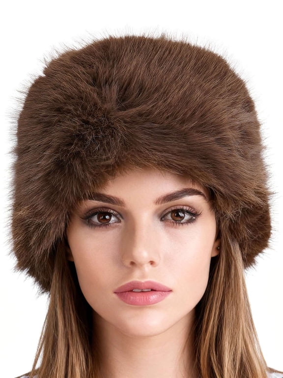 Women's Winter Faux Fur Hats Warm Cossak Russian Style Hat Cap for Ladies (Brown)