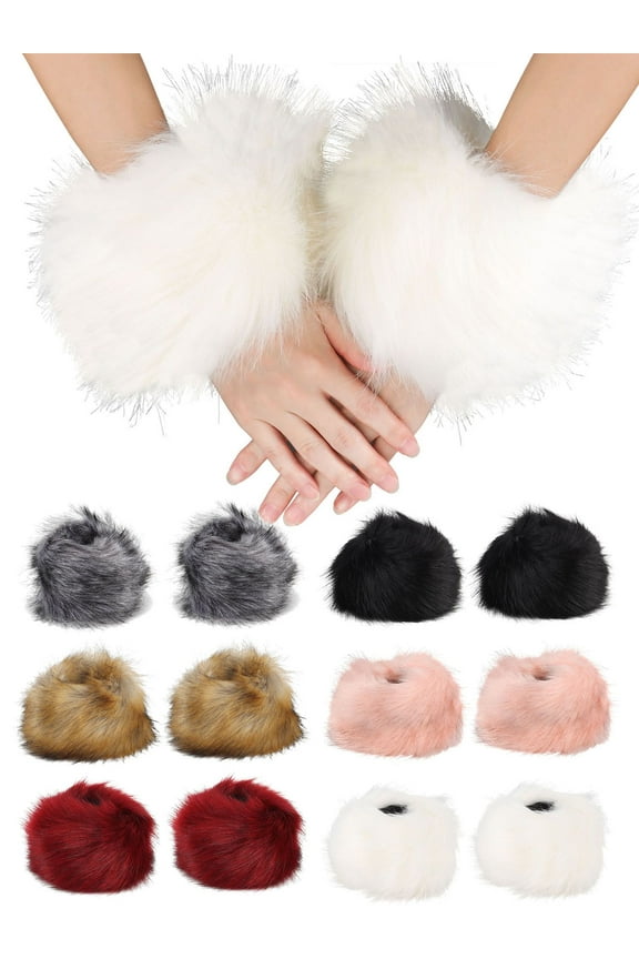 Women's Winter Faux Fur Wrist Cuffs Fox Furry Bands Arm Warmer, Pink