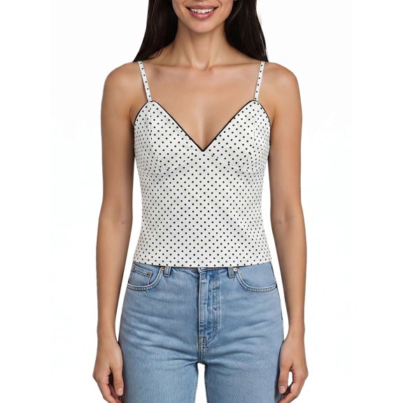Deago Women's Y2K Sexy V Neck Cami Tank Top Polka Dot Sleeveless Spaghetti Strap Slim Fit Camisole Cute Summer Going Out Crop Tops (White, L)