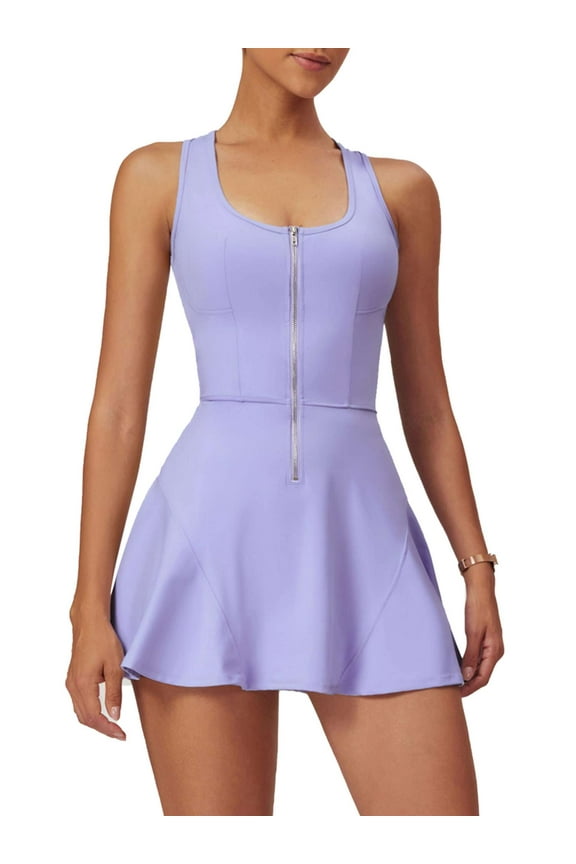 Women's Zip Front Tennis Dress with Built-in Bra & Shorts Square Neck Racerback Sleeveless Workout Golf Dresses (Purple, XL)