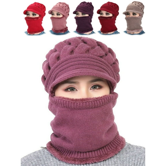 Deago Womens Bib Beanie Hat Pom Bobble Scarf Mask Set Knitted Winter Warm Snow Ski Cap (Pink)
