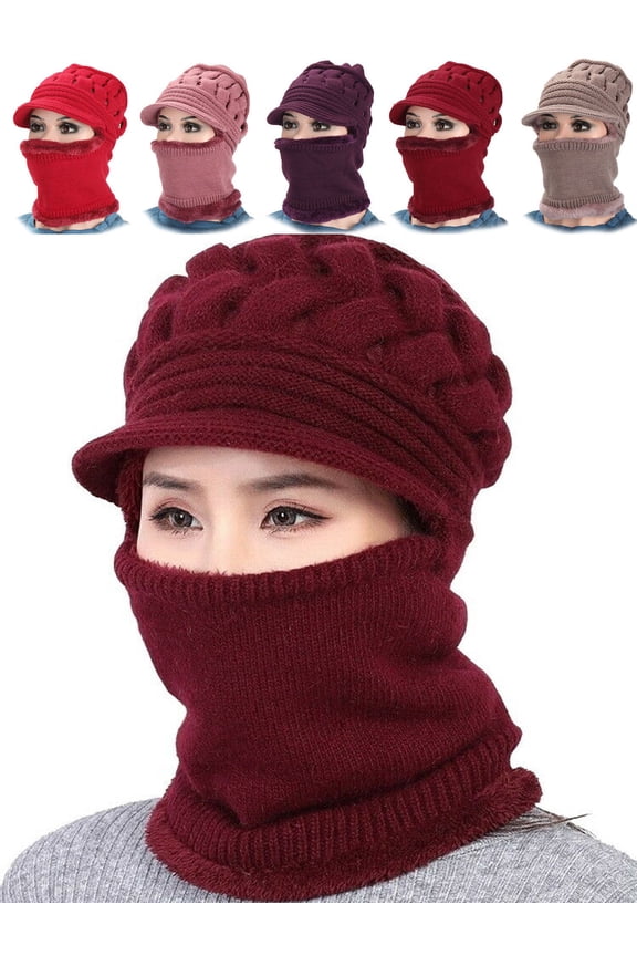 Womens Bib Beanie Hat Pom Bobble Scarf Mask Set Knitted Winter Warm Snow Ski Cap (Wine Red)
