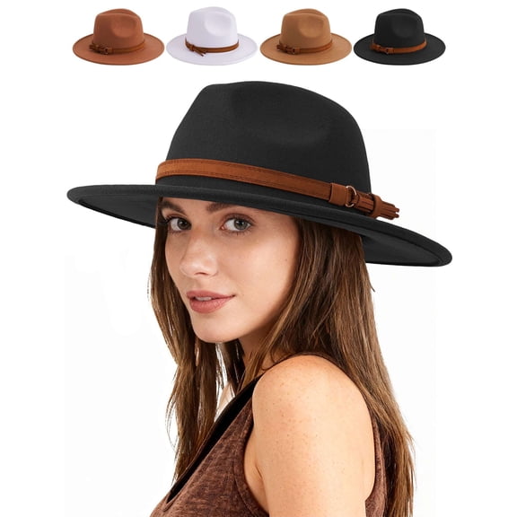 Deago Womens Classic Wide Brim Floppy Panama Hat with Belt Buckle Wool Fedora Hat (Black)