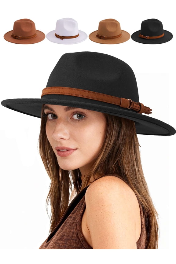 Womens Classic Wide Brim Floppy Panama Hat with Belt Buckle Wool Fedora Hat (Black)