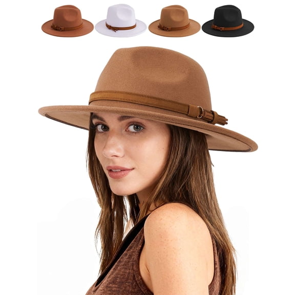 Deago Womens Classic Wide Brim Floppy Panama Hat with Belt Buckle Wool Fedora Hat (Camel)