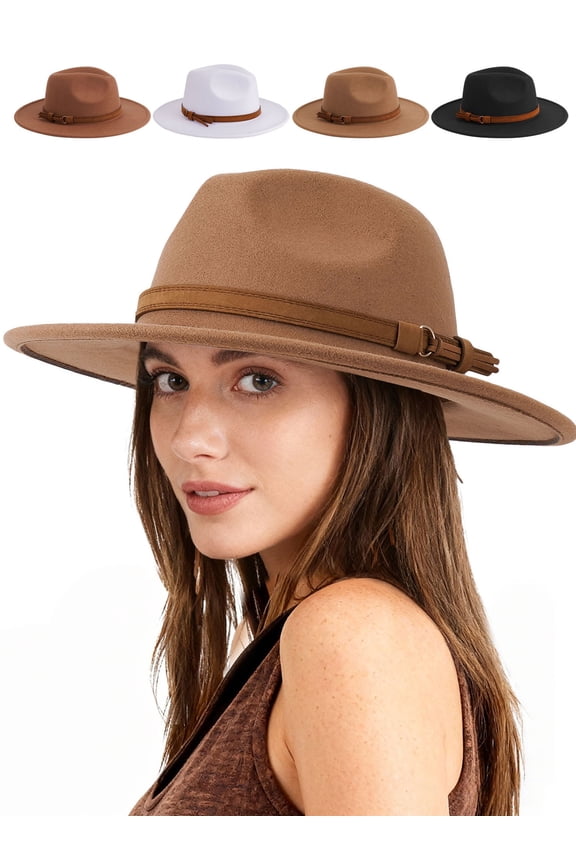 Womens Classic Wide Brim Floppy Panama Hat with Belt Buckle Wool Fedora Hat (Camel)