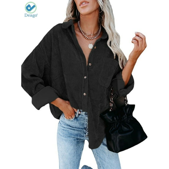 Deago Womens Corduroy Button Down Shirts Boyfriend Long Sleeve Oversized Blouses Tops (Black, L)