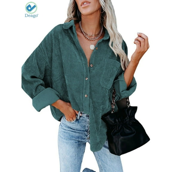 Deago Womens Corduroy Button Down Shirts Boyfriend Long Sleeve Oversized Blouses Tops (Darkcyan, S)