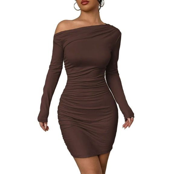 Deago Womens Fall Off The Shoulder Dresses Long Sleeve Sexy Bodycon Ruched Wrap Cocktail Party Mini Dress