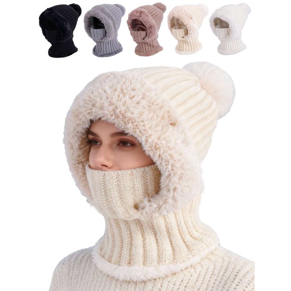 Deago Womens Knit Beanie Hat Fleece Lined Winter Scarf Mask Set Snow Caps Plush Earmuff Skull Hats with Pompom (Beige)