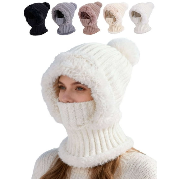 Deago Womens Knit Beanie Hat Fleece Lined Winter Scarf Mask Set Snow Caps Plush Earmuff Skull Hats with Pompom (White)