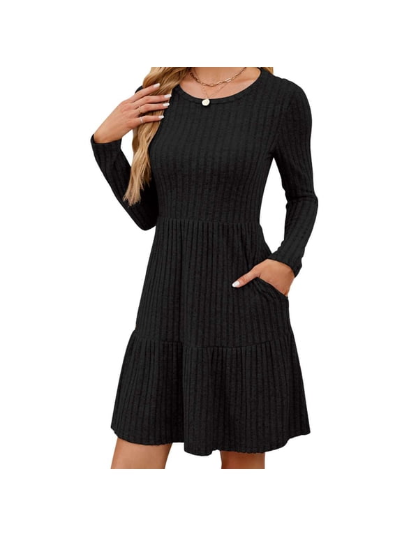 Womens Long Sleeve Fall Dresses with Pockets Ribbed Knit Casual Crew Neck Knee Length Babydoll Sweater Dress (Black, S)