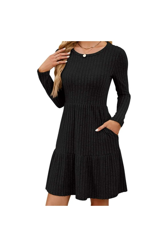 Womens Long Sleeve Fall Dresses with Pockets Ribbed Knit Casual Crew Neck Knee Length Babydoll Sweater Dress (Black, S)