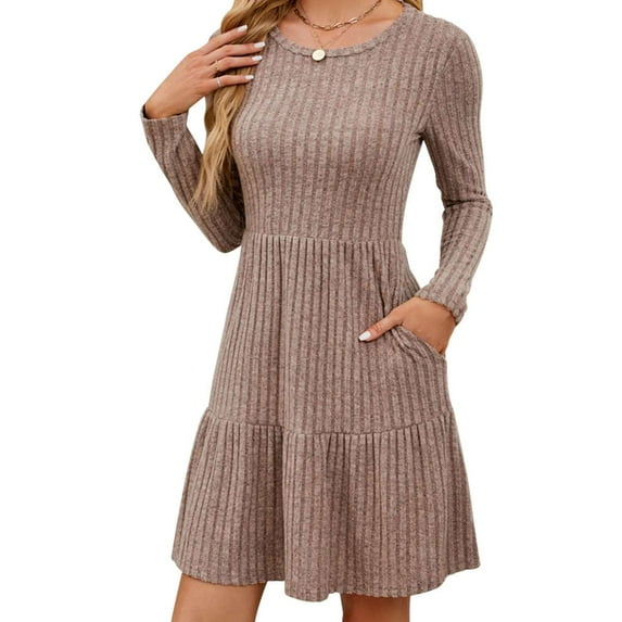 Deago Womens Long Sleeve Fall Dresses with Pockets Ribbed Knit Casual Crew Neck Knee Length Babydoll Sweater Dress (Khaki, S)