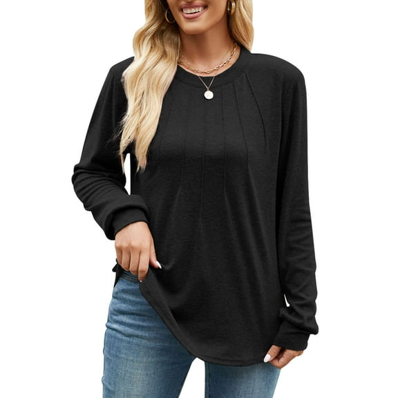Deago Womens Long Sleeve Shirts Pleated Crew Neck Casual Fall Fashion Tops Loose Fit Dressy Basic Trendy Clothes (Black, M)