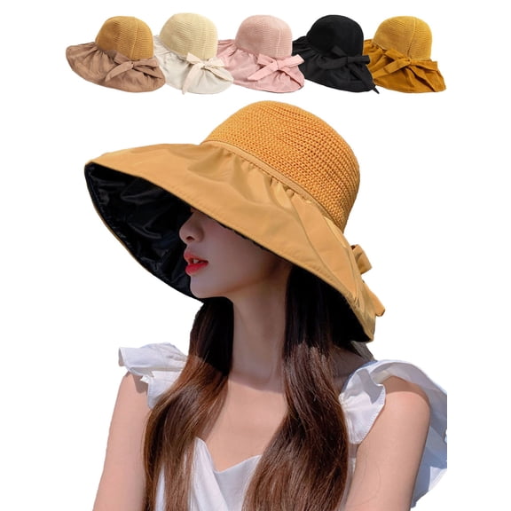 Deago Womens Mesh Sun Hats Wide Brim UV Protection UPF 50  Summer Hat Foldable Beach Hats for Women (Yellow)