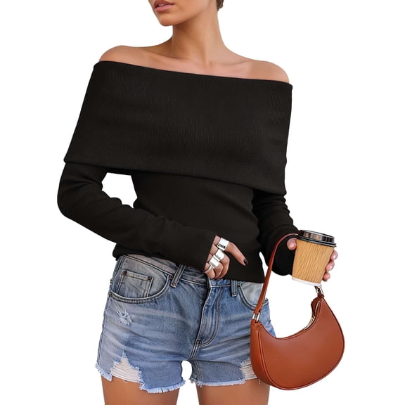 Deago Womens Off The Shoulder Sweater Long Sleeve Ribbed Knit Pullover Sweaters Slim Fit Going Out Fall Tops Blouse (Black, S)