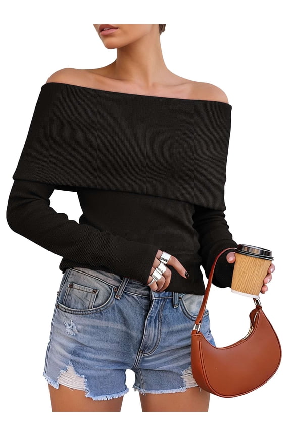 Womens Off The Shoulder Sweater Long Sleeve Ribbed Knit Pullover Sweaters Slim Fit Going Out Fall Tops Blouse (Black, S)