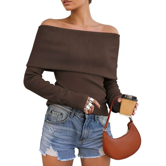 Deago Womens Off The Shoulder Sweater Long Sleeve Ribbed Knit Pullover Sweaters Slim Fit Going Out Fall Tops Blouse (Coffee, S)