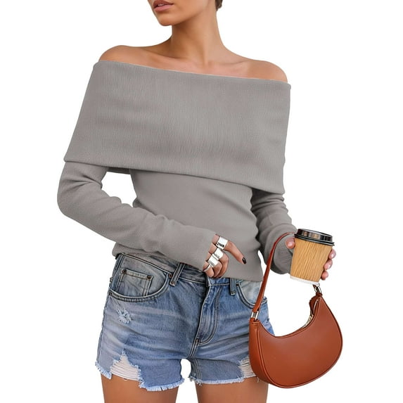 Deago Womens Off The Shoulder Sweater Long Sleeve Ribbed Knit Pullover Sweaters Slim Fit Going Out Fall Tops Blouse (Gray, S)