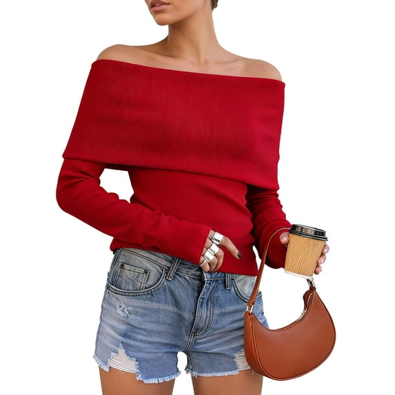 Deago Womens Off The Shoulder Sweater Long Sleeve Ribbed Knit Pullover Sweaters Slim Fit Going Out Fall Tops Blouse (Red, L)