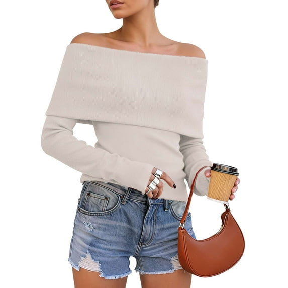 Deago Womens Off The Shoulder Sweater Long Sleeve Ribbed Knit Pullover Sweaters Slim Fit Going Out Fall Tops Blouse (White, L)