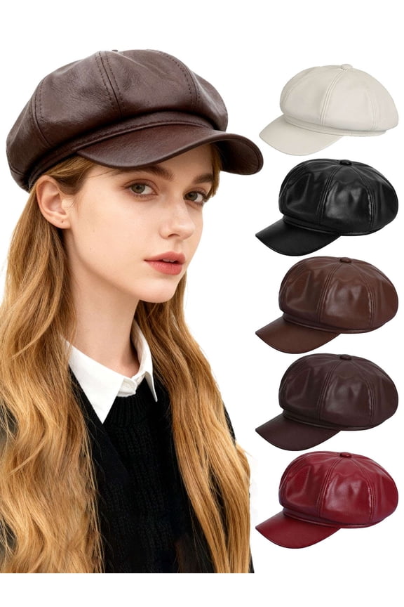 Womens PU Leather Newsboy Cap 8 Panel Paperboy Newsie Cap Bakerboy Beret Cabbie Painter Hat (Black)