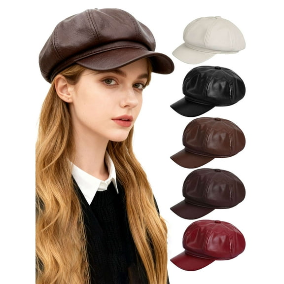 Deago Womens PU Leather Newsboy Cap 8 Panel Paperboy Newsie Cap Bakerboy Beret Cabbie Painter Hat (Brown)